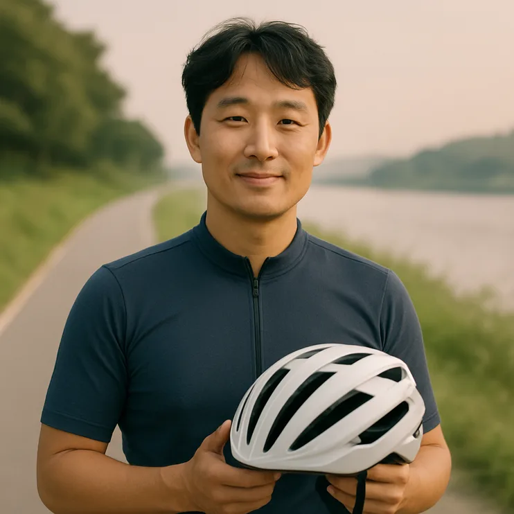 한강 자전거길에서 헬멧을 든 한국인 라이더
